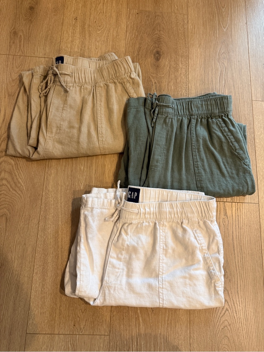GAP Women’s Drawstring Linen Pants LOT — White, Olive, Tan